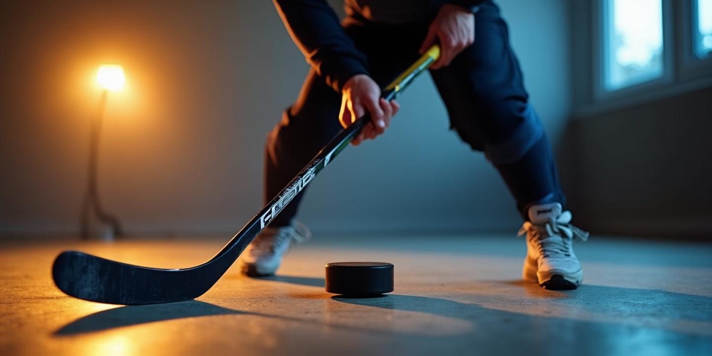 Player from the waist down holding a hockey stick over a training puck on a polished home training floor.