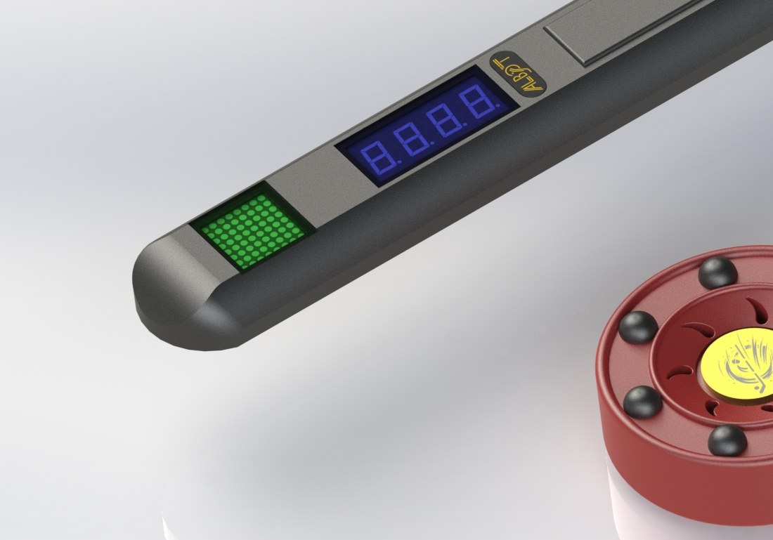 Product render of the Albot training puck: ringed disc with contact pins around the rim and a centered logo medallion.