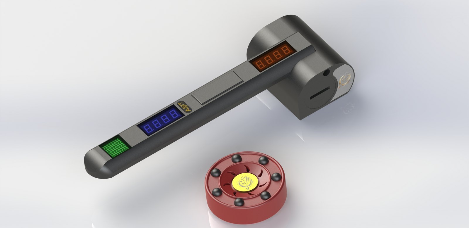 Product render of the Albot trainer: cantilever beam with directional prompt panel, score and timer readouts, gold ALBOT badge, weighted base, shown next to its training puck.